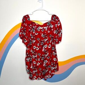 Caffe Marrakesh Womens Red Floral Square Neck Flutter Sleeve Blouse 3X 43508R1F